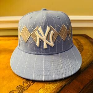 MLB New York Yankees Sky Blue Pinstripe New Era Fitted Baseball Hat Cap 7 NEW